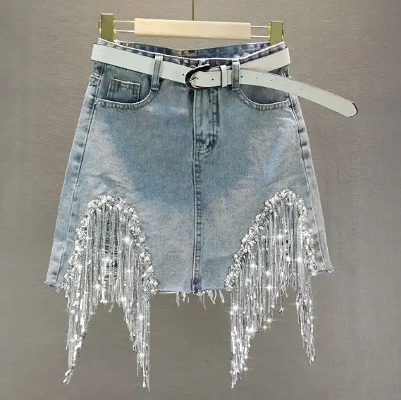 

Female Denim Shorts 2021 Summer Wear New High Waist Slimming Heavy Beaded Sequin Fringed Ripped Wide Leg Pants Jeans Hot Pants