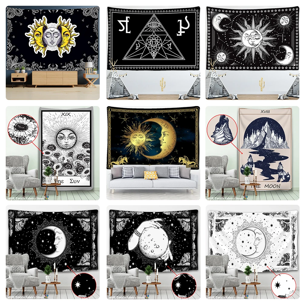Гобелен черно-белый Солнце Луна Мандала настенный богемный колдовство хиппи