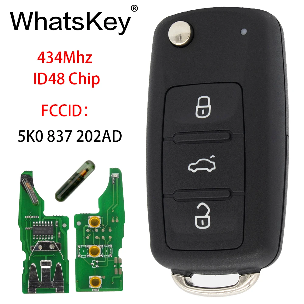 Дистанционный ключ WhatsKey с 3 кнопками подходит для VW 5K0837202AD Volkswagen Caddy Eos Golf Jetta Beetle Polo