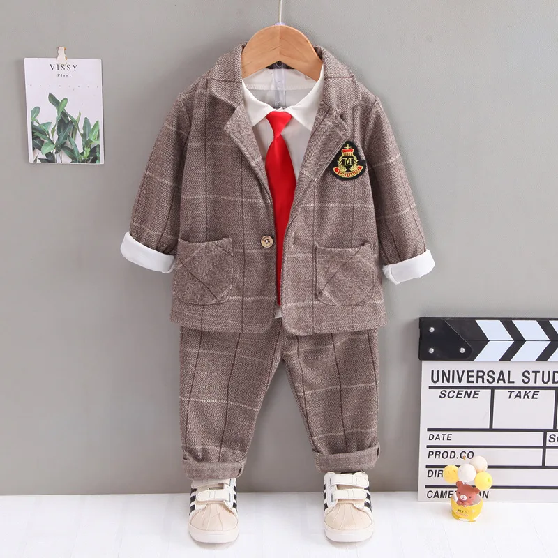 

Baby Boys Gentleman Clothing Sets Spring Autumn Kids Fashion Plaid Coat+Tie Shirt+Pants Children Birthday Wedding Party Outfits