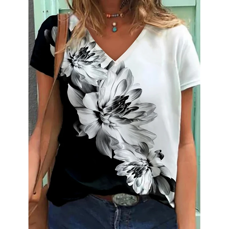 

Casual V-Neck Short Sleeve Letter Floral Printed Blouse Shirts Women 2021 Summer Fashion New Loose Streetwears Female Blusa 5XL