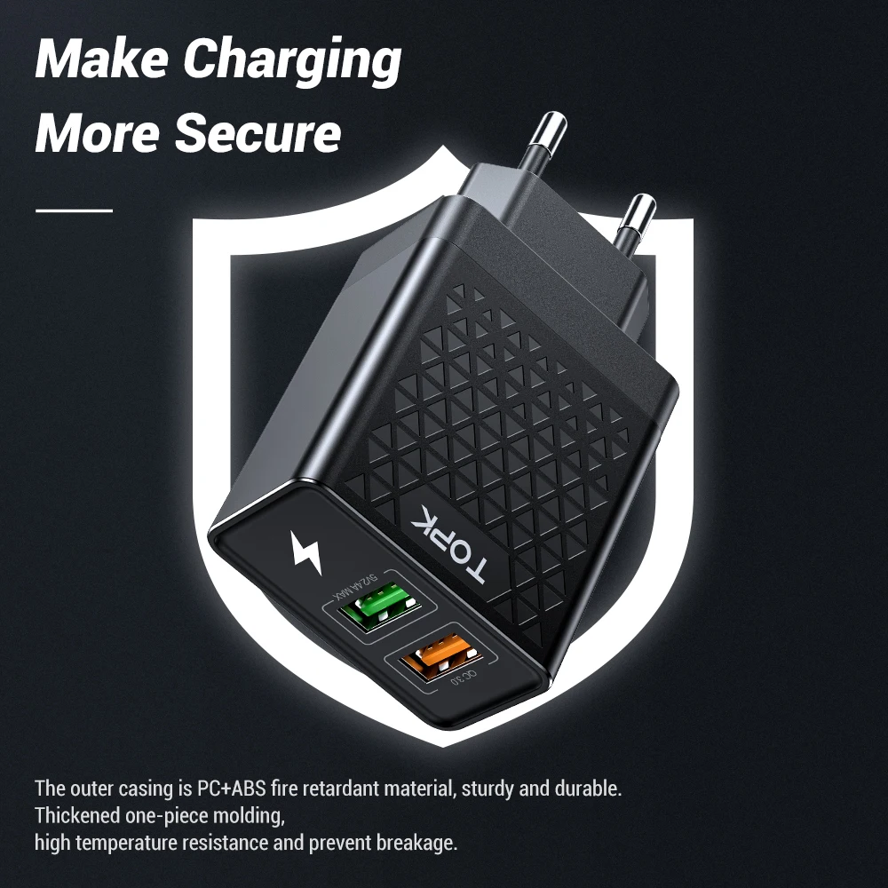 Адаптер питания TOPK B254Q с 2 USB портами и поддержкой быстрой зарядки 3.0 27 Вт|Зарядные