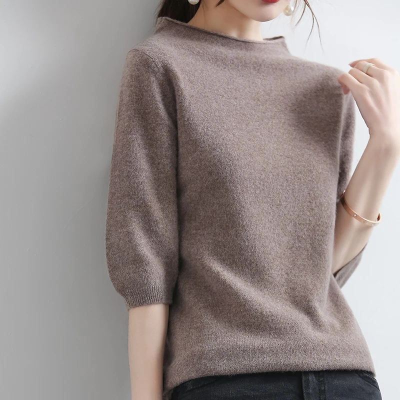 

Fashion Luxury Knitted Sweater Women Pure Wool Round Neck Half Sleeve Female Pullover Casual Loose Elegant Office Lady Tops Tees