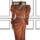 Женское вечернее платье с блестками, длинным рукавом и V-образным вырезом