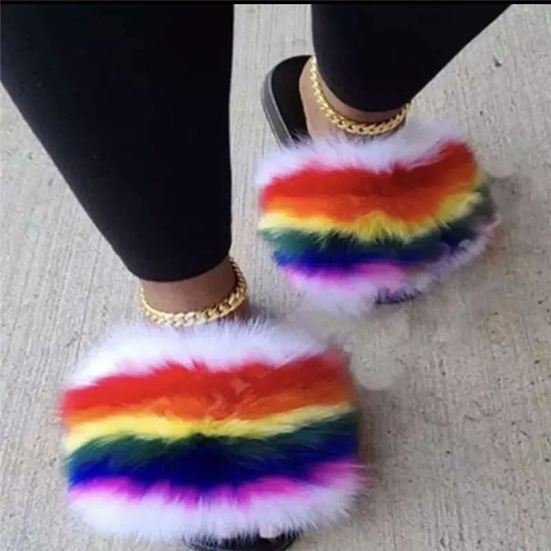 

2021 Hot Women Fox Fur Slippers Ladies Fashion Fluffy Furry Shoes Female Outdoor Casual Flip Flops Luxury Plush Slides Wholesale