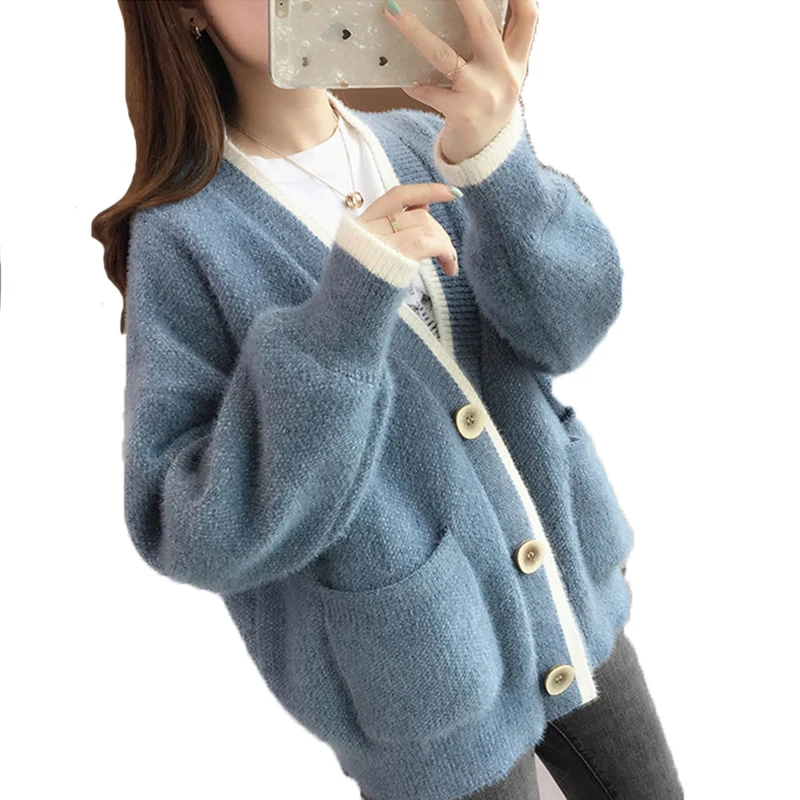 

2021 Winter New Women Sweaters and Cardigan Lantern Sleeved V-neck Loose Thicken Warm Lady Elegant Outwear Coat Tops