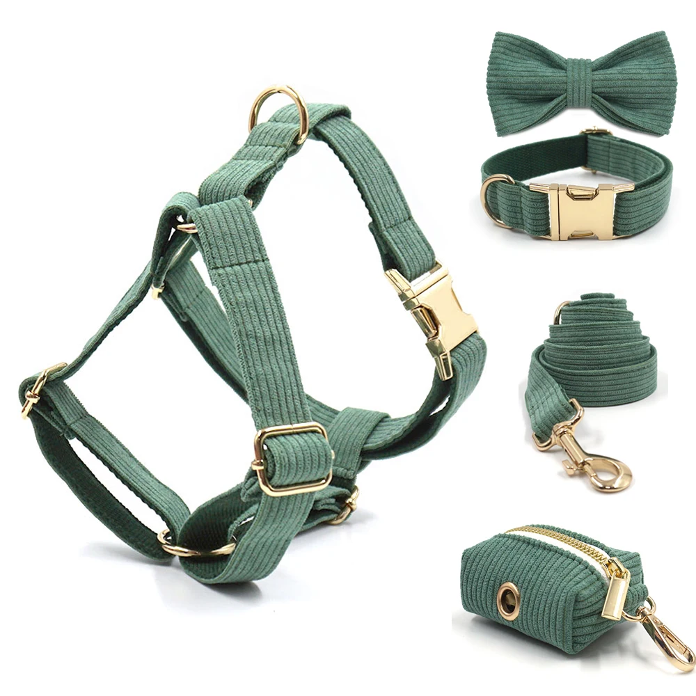 Dark Green Personalized Dog Harness Set Designer Gold Buckle Pet Bow Collar Leash Poop Bag Gift for Puppy Male Dog Accessories