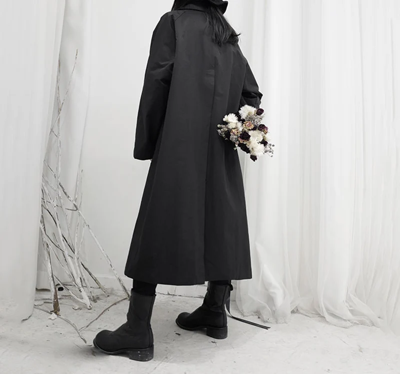 

Back Button Women Vent Big Size Long Trench New Lapel Long Sleeve Loose Fit Windbreaker Fashion Tide Spring 2021 1S261