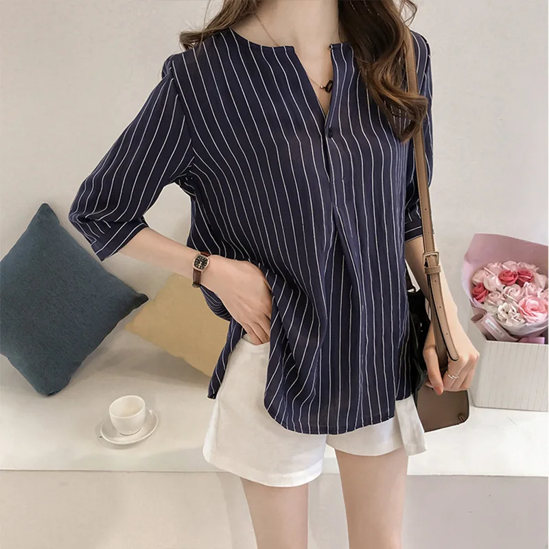 

CGC Spring Autumn Stripe Women's Shirt Vintage Loose Long Sleeves Blouses Single Casual Breasted Female Top Office Work Blouse