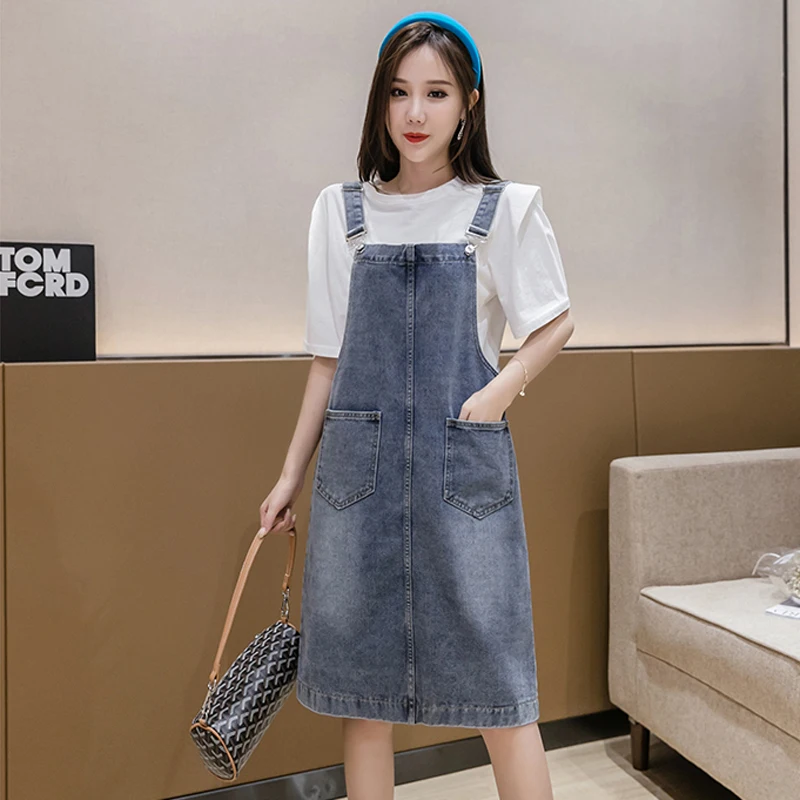 

#2417 Summer 2022 Spaghetti Strap Dress Women Korean Fashion Denim Dress Sleeveless Sexy Overalls Dress Female Knee-Length