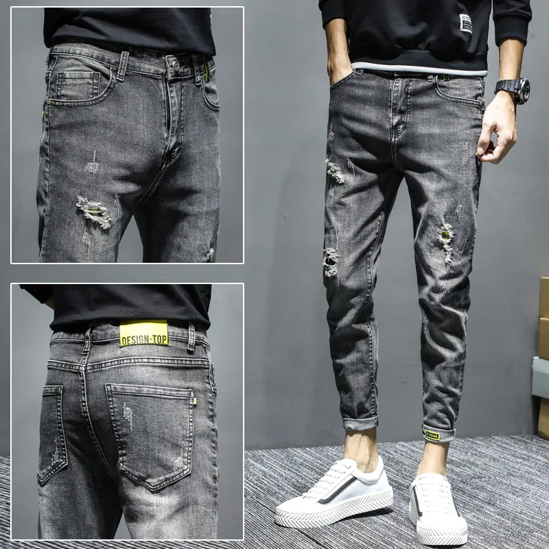 

Jeans Men Elastic Waist Skinny Jeans Men 2021 Stretch Ripped Pants Streetwear Mens Denim Jeans Blue
