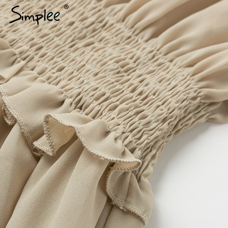 Simplee Lace up ruffled A-line women dress Elastic high waist short vintage dress Bohemian lantern sleeve female party dress