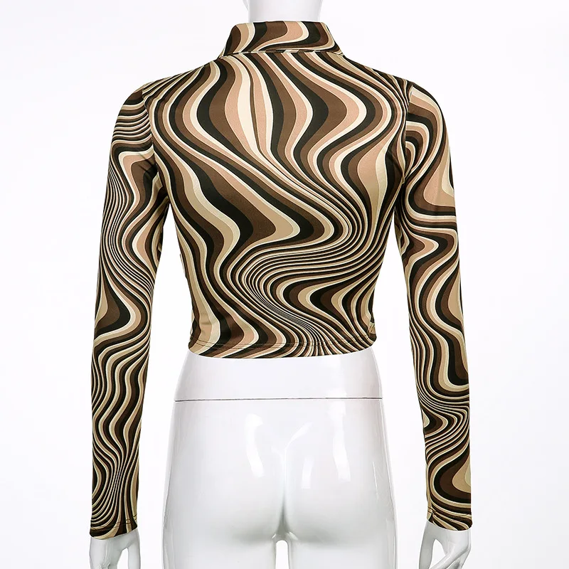 

Duena Brown Long Sleeve T Shirt Designer Crop Top Spring 2021 Ladies Tie Dye Ripple Print Streetwear Collar T Shirts Women