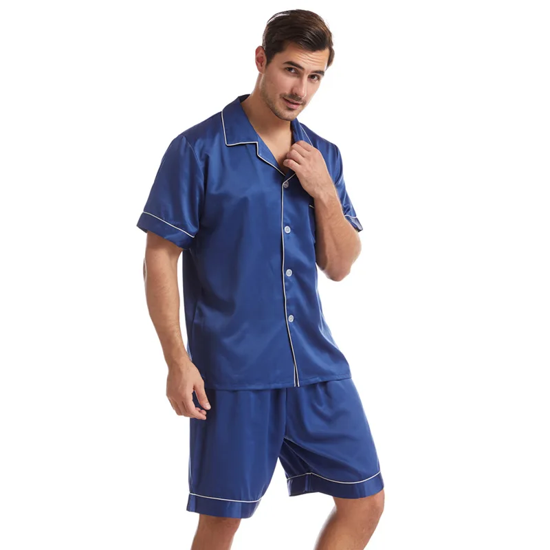

Two Piece PJS Set Men Faux Silk Pajamas Suit Casual Male Sleepwear Satin Lounge Wear 2021 New Short Sleeve Shirt&Shorts
