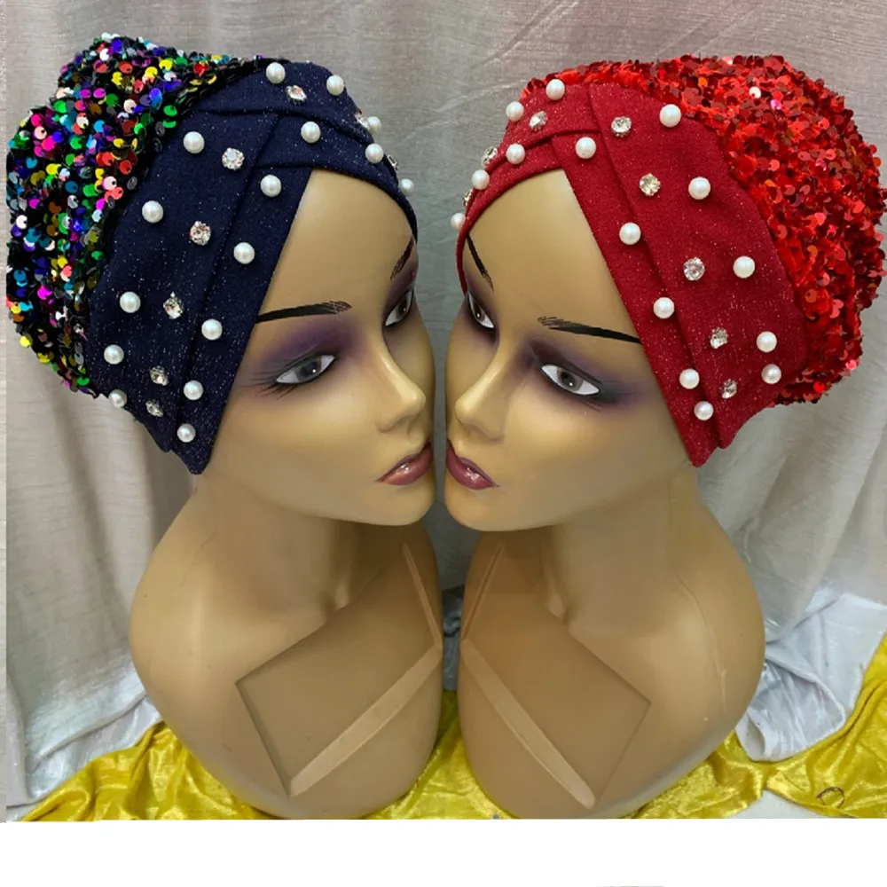 

Nigeria Already Made Gele Hat With Sequins For Women African Gele Headtie Beads Shining Turban Head Wrap Caps 12pcs/pack