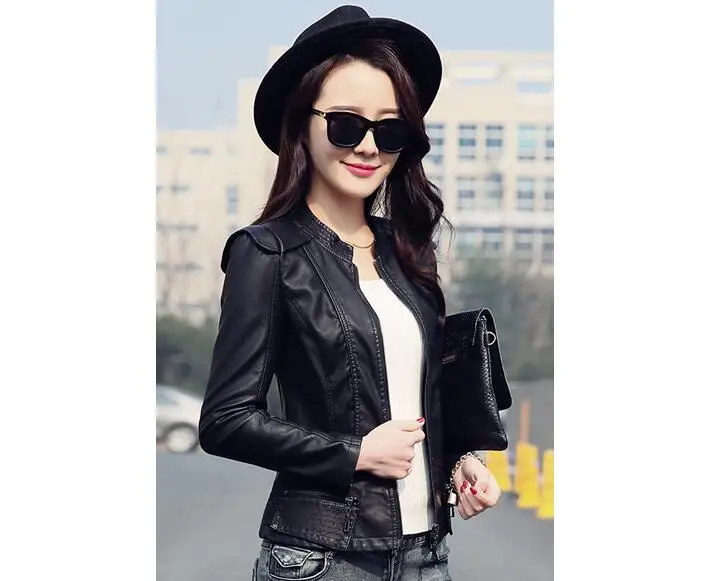 Женская Короткая кожаная куртка однотонная Повседневная приталенная из