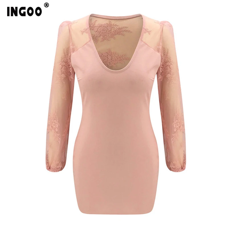 

INGOO Spring Lace Mesh Long Sleeve Mini Dress Women Sexy Elegant V Neck Patchwork Pink Slim Bocycon Dresses Party Night Vestidos