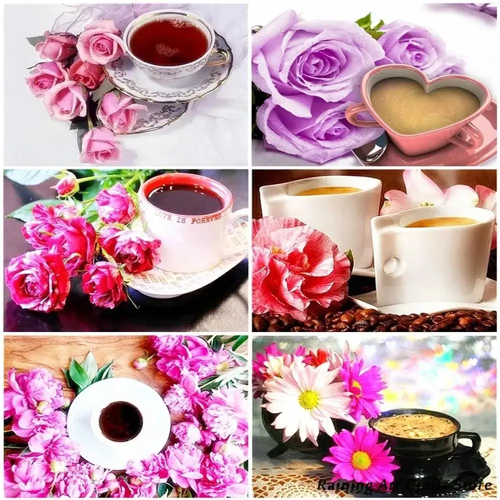 

Sale 5D Diy Diamond Painting Coffee and Flower Embroidery Full Round Square Drill Cross Stitch Kits Mosaic Pictures Home Decor