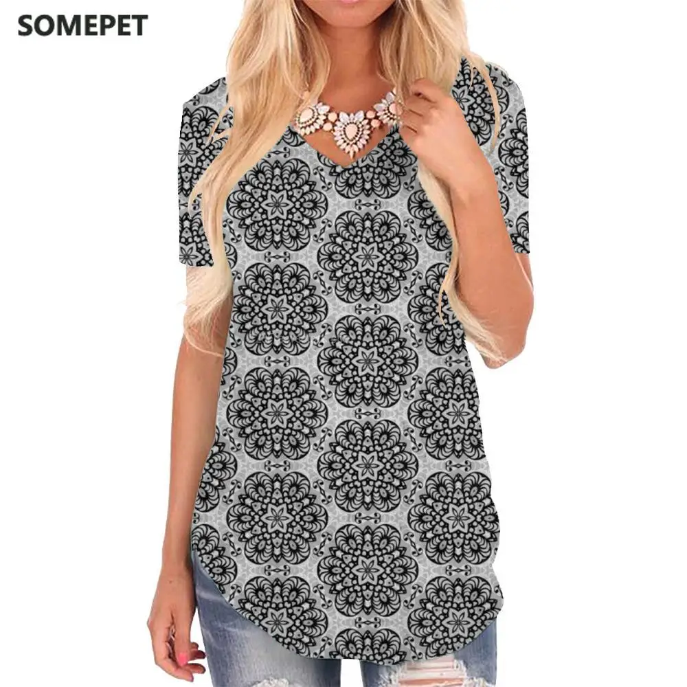 

SOMEPET Flowers T-shirt women Black V-neck Tshirt Pattern Funny T shirts Harajuku Shirt Print Womens Clothing Summer Loose