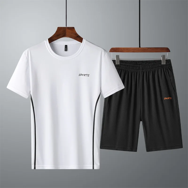 

Новинка лета 2021, спортивный костюм большого размера, мужская повседневная футболка из двух предметов с короткими рукавами и брюками, спорти...