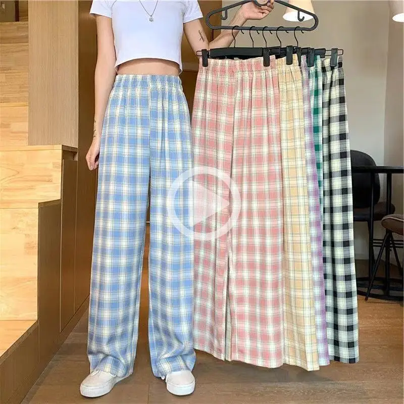 

Autumn Korean Japanese Plaid Slim Casual Women's Pants Fashion Loose Large High Waist Straight Tube Wide Leg Pants Student Pants