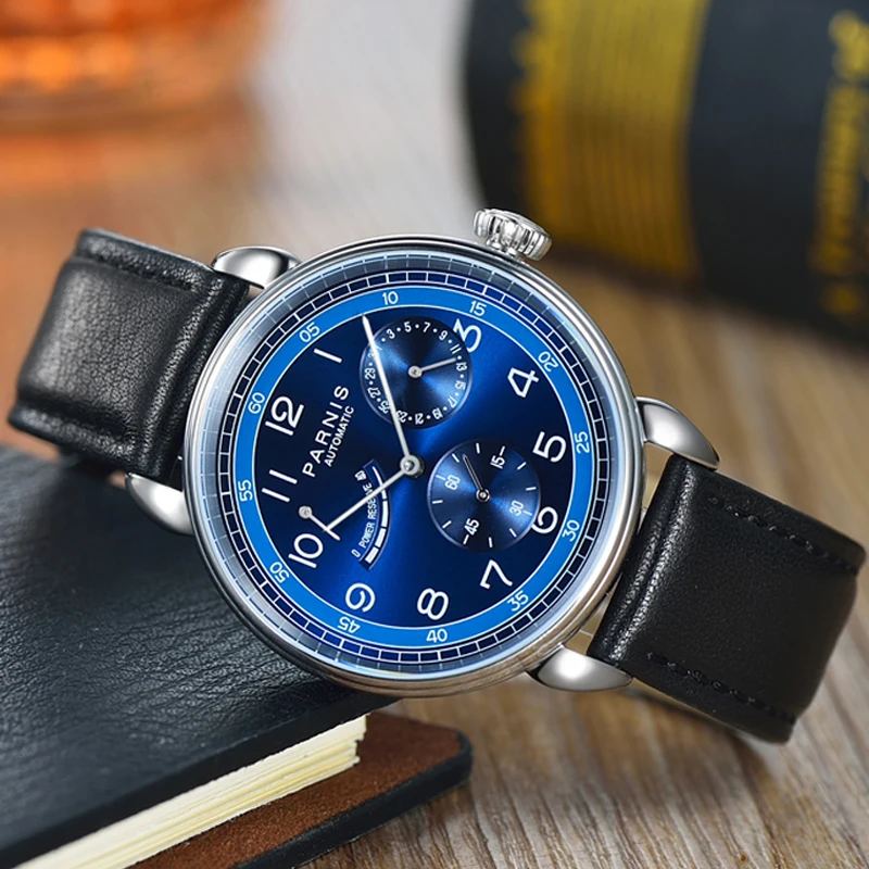 Мужские автоматические механические часы Parnis с синим циферблатом 42 мм