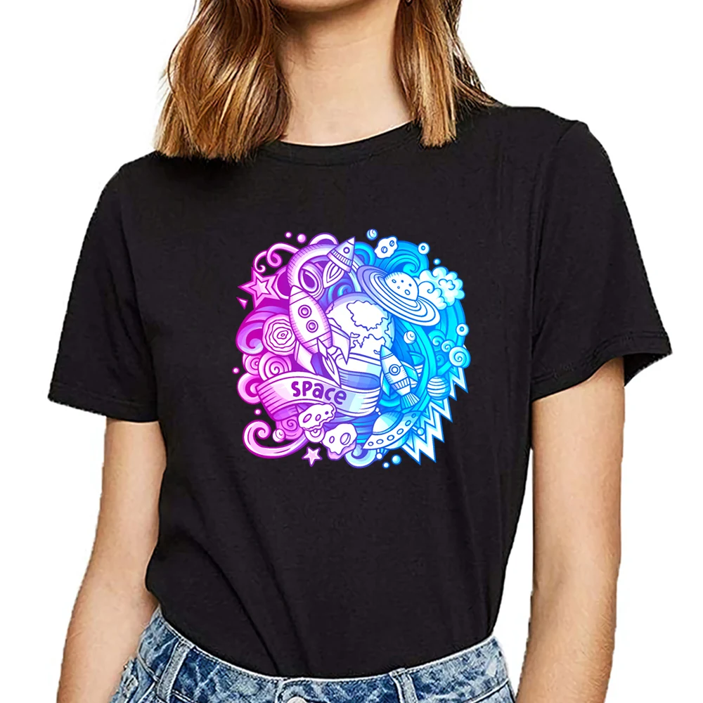 Женские футболки с рисунком космического каракули &quot О-образным вырезом