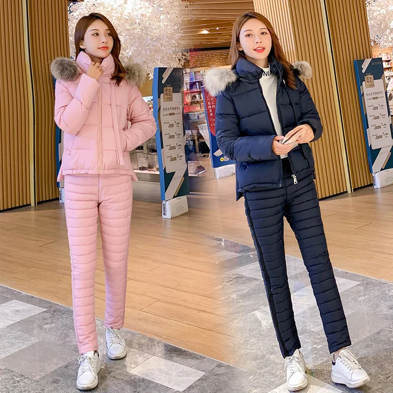 

Fashion Women Parkas Suit 2018 New Women Winter Clothing Sets Cotton Padded Warm Coat+Pants Female Jacket Snow Wear