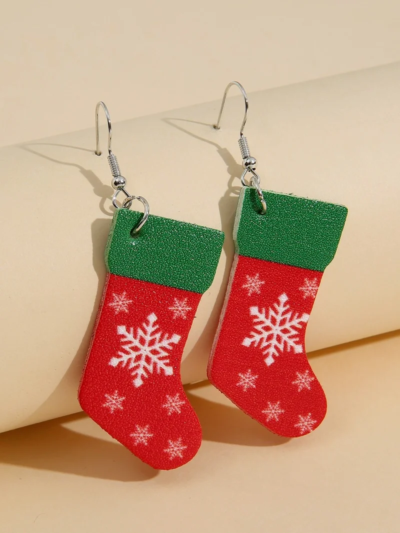 Christmas Jewelry Tree Elk Snowflake Pattern Snowman Drop Leather Creative Stocking Earrings | Dangle