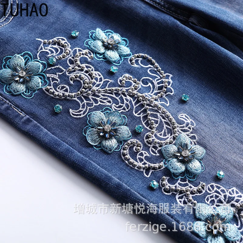 

TUHAO 2020 Plus Size 7XL 6XL 5XL Embroidered Jeans Women's Flared Pants High Waist Stretch Slightly Pull Pants Office Lady WM06