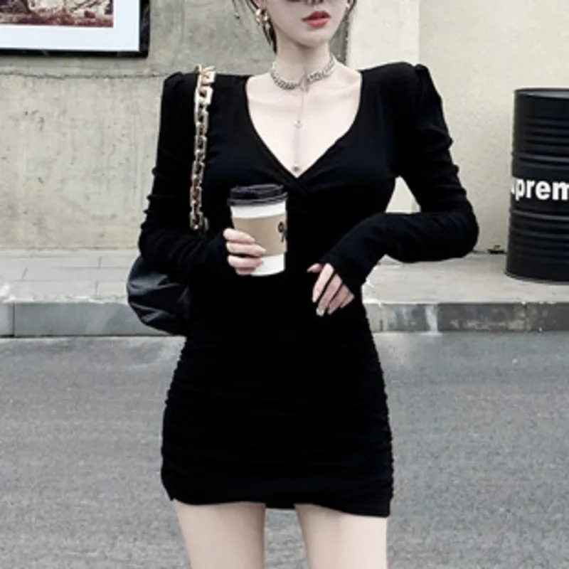 

Spring Long Sleeve Sexy Black Mini Dress Women V-neck Stretchy Pleated Bodycon Robe Solid Color Elegant Party Vestido De Mujer
