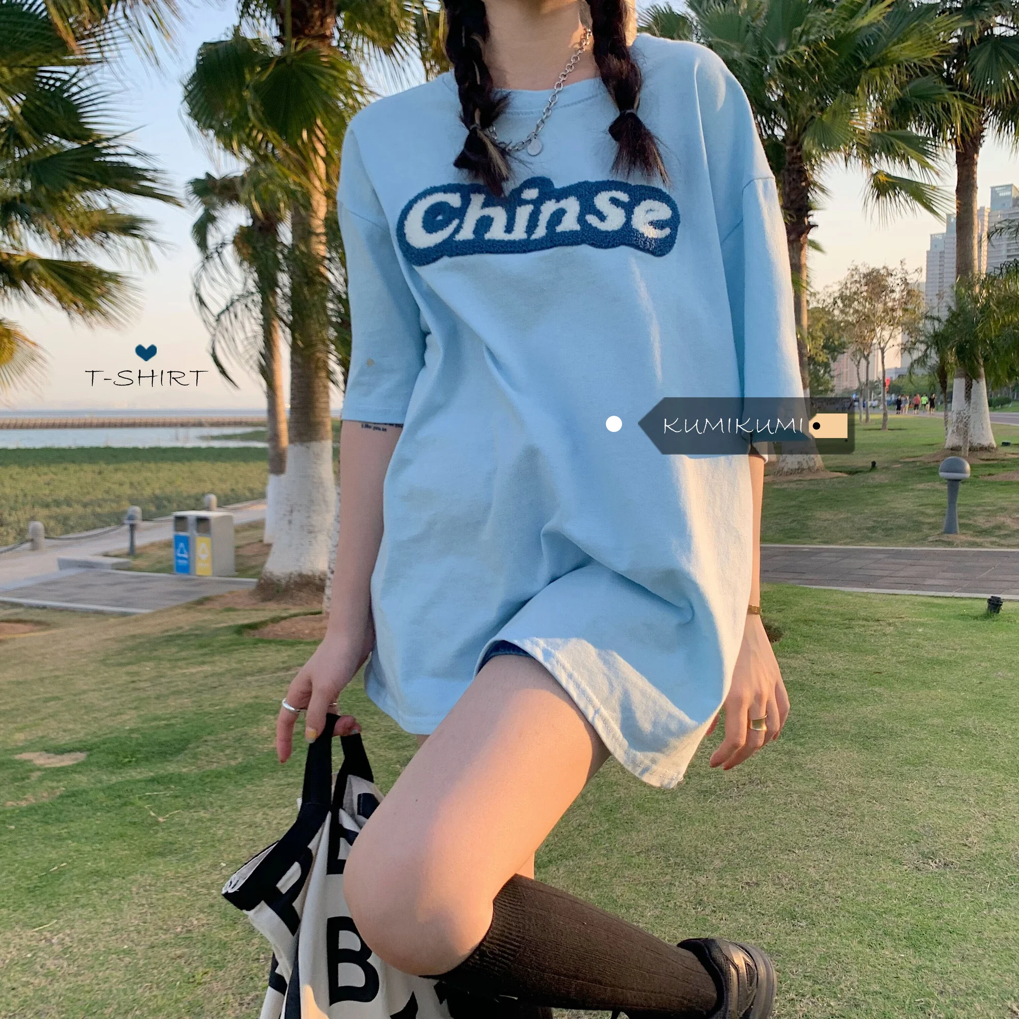 Дизайнерская футболка средней длины Синяя Женская одежда свободная летняя с