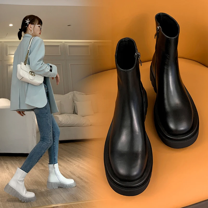 

Genuine Leather High Heels boots Retro Side Zipper Wedged Boots For Women Footwear Winter Newest Wedding Shoes Woman