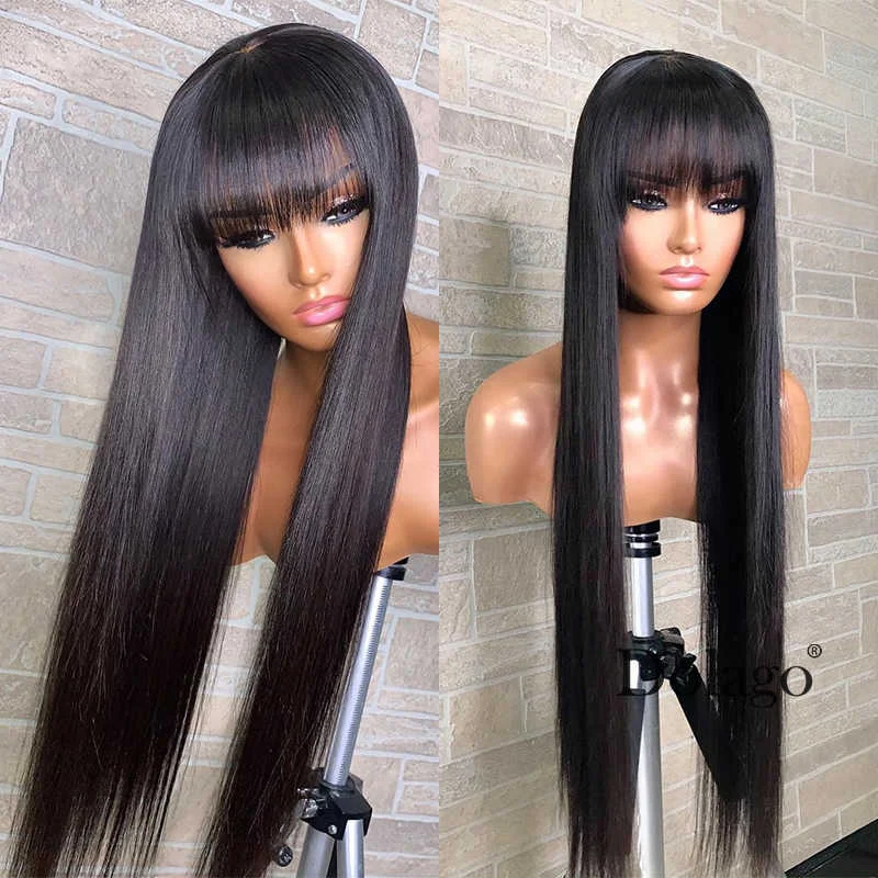 

Desgirl Brazilian Straight Human Hair Wigs With Bangs Remy Full Machine Made Human Hair Wigs For Women 8-32 Inch Fringe Wig 180%