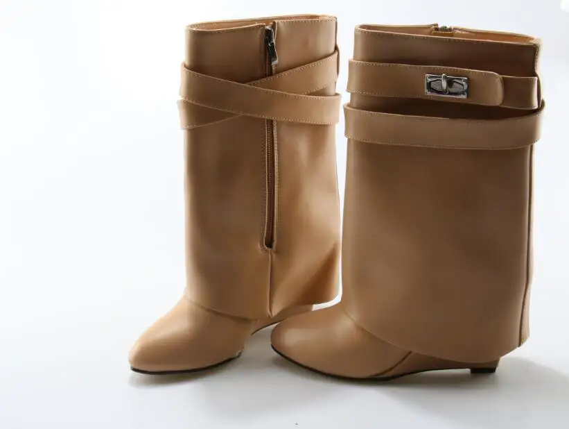 

Hot Selling Shark-Lock Fold-Over Bootie Black Brown Leather Wedge Boots Woman Winter Shark Lock Ankle Boot Big Size 10 Shoes