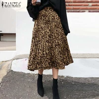 leopard print midi skirts zanzea women fashion skirts 2021 summer casual pleated elastic waist bottom a line skirt oversize