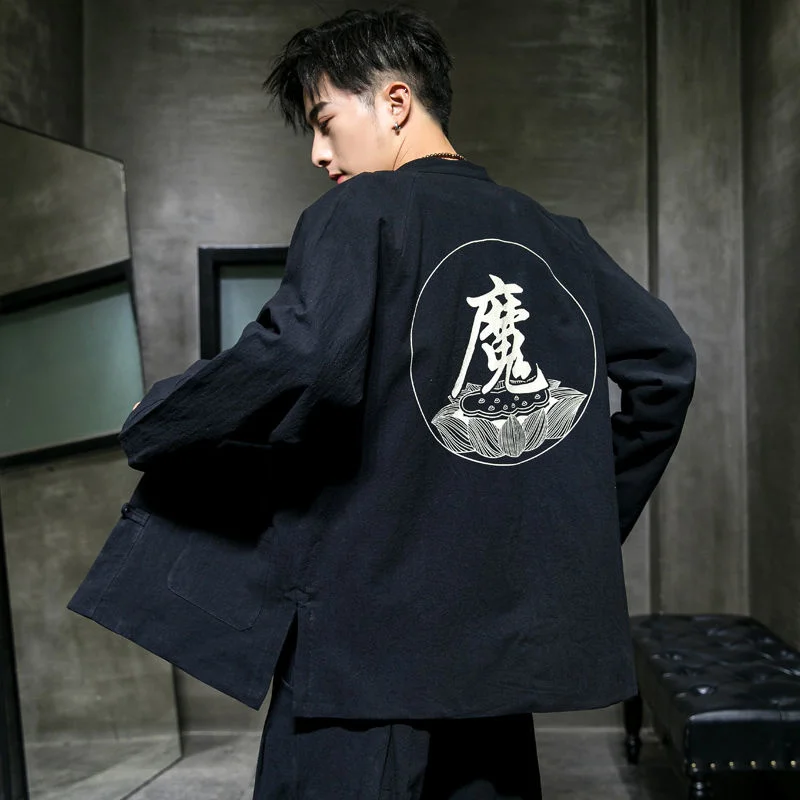 

MrGB Chinese Style Oversize Men's Coat Long Sleeve Character Graphic Jacket For Male Tang Suit Hanfu Vintage Men's Clothing