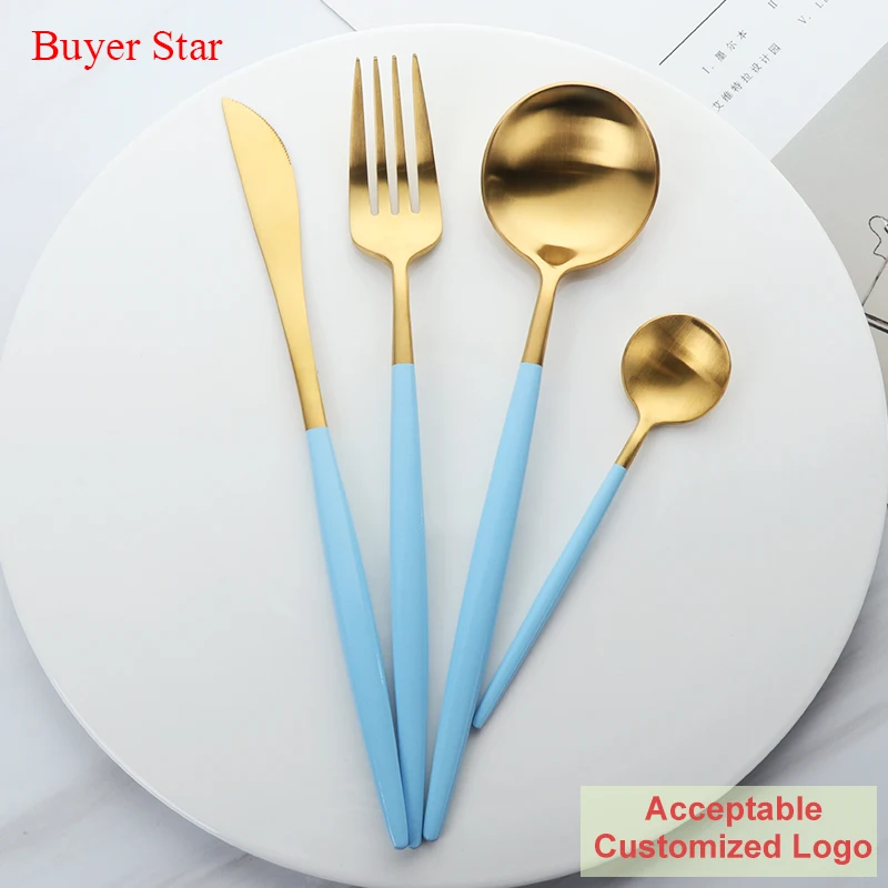 Оптовая продажа 16/24 шт. синий набор столовых приборов золотистого