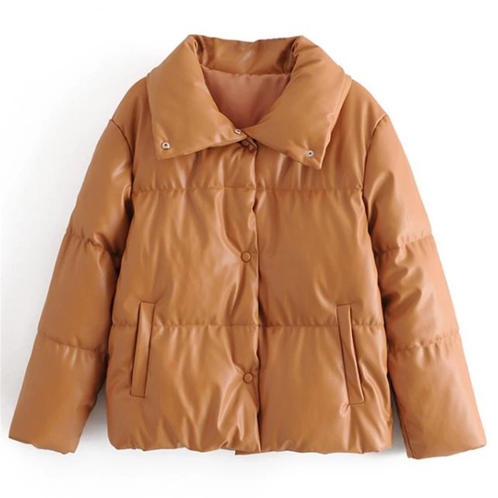 Women Fur Faux Leather Down Jacket Coat Hot Sale Buttons 2021 Winter Female Pu Turn Down Collar Warm Cotton Outerwear Overcoat