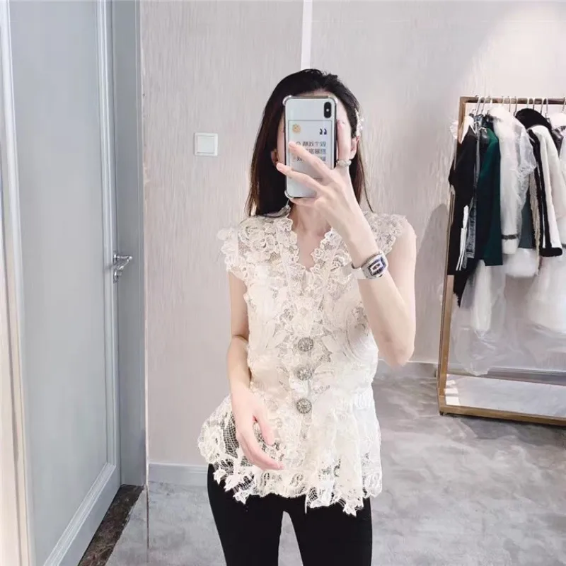 Высокое качество кнопка в виде бриллианта вышивка кружева женские Топы Рубашки