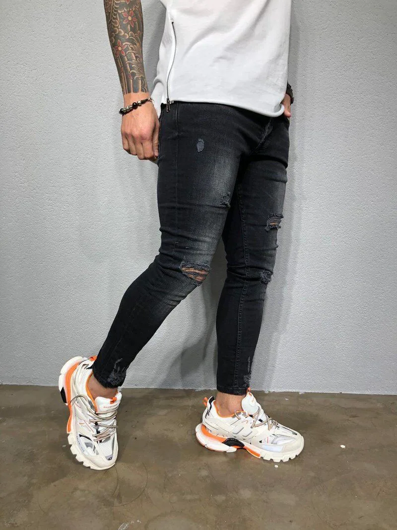 

leg jeans tear jeans men's 2020 men's pierced elastic new style