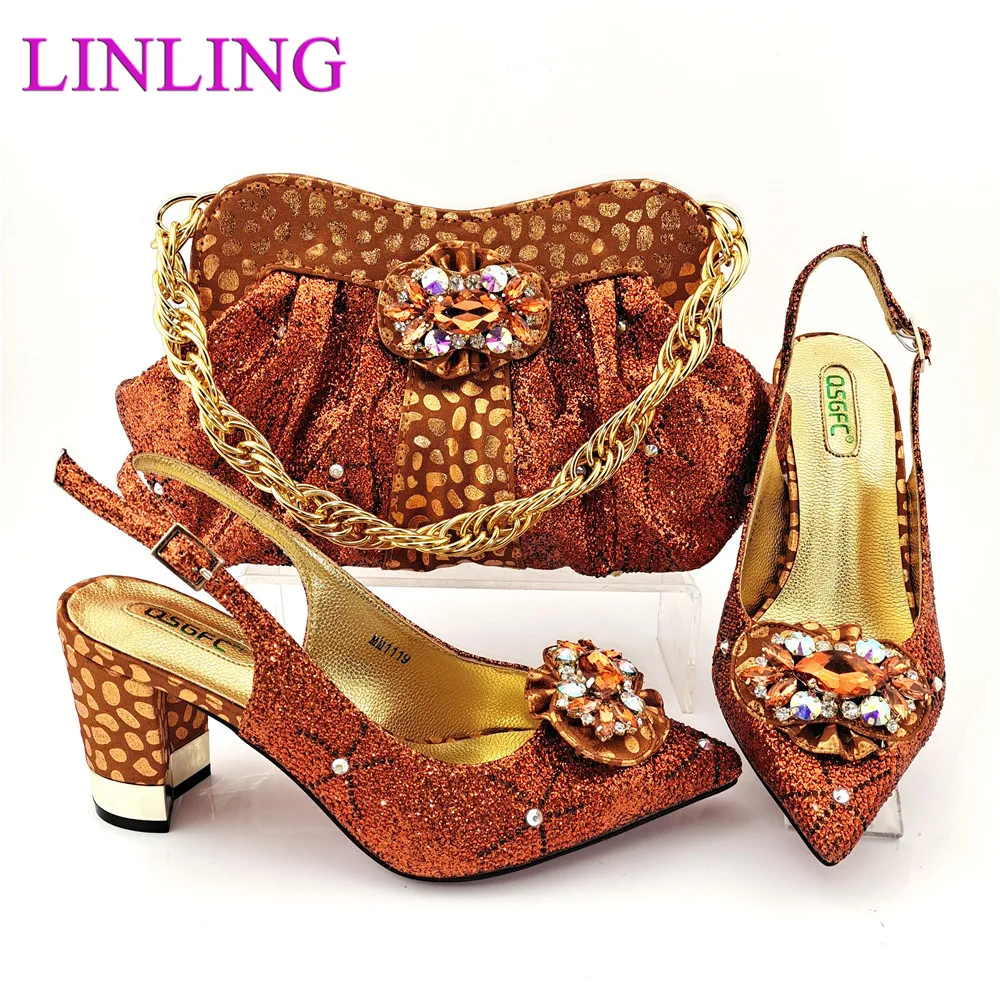 

Italian Design 2021 Fashion In Orange Color Elegant Party Women Shoes And Bag Set Decorated With Many Shape Colorful Crystal
