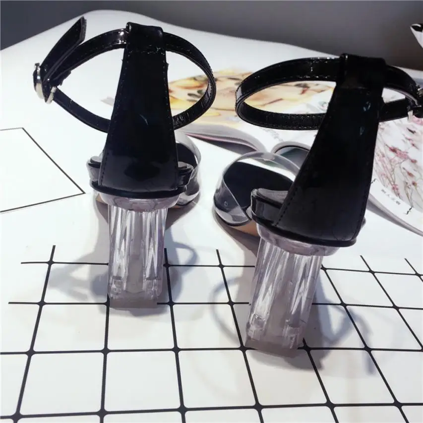 

YOUYEDIAN big size women shoe Fashion Women Transparent Sandals Ankle High Heels Block Party Open Toe Shoes zapato de cuero #A28