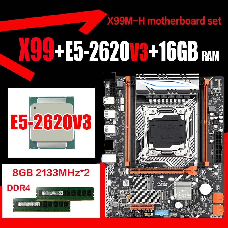 Online JINGSHA X99 Motherboard Set E5 2620 V3 LGA 2011 V3 CPU DDR4 ECC REG 16GB RAM Buchse Gaming Computer Set M.2 SSD /wifi Interface