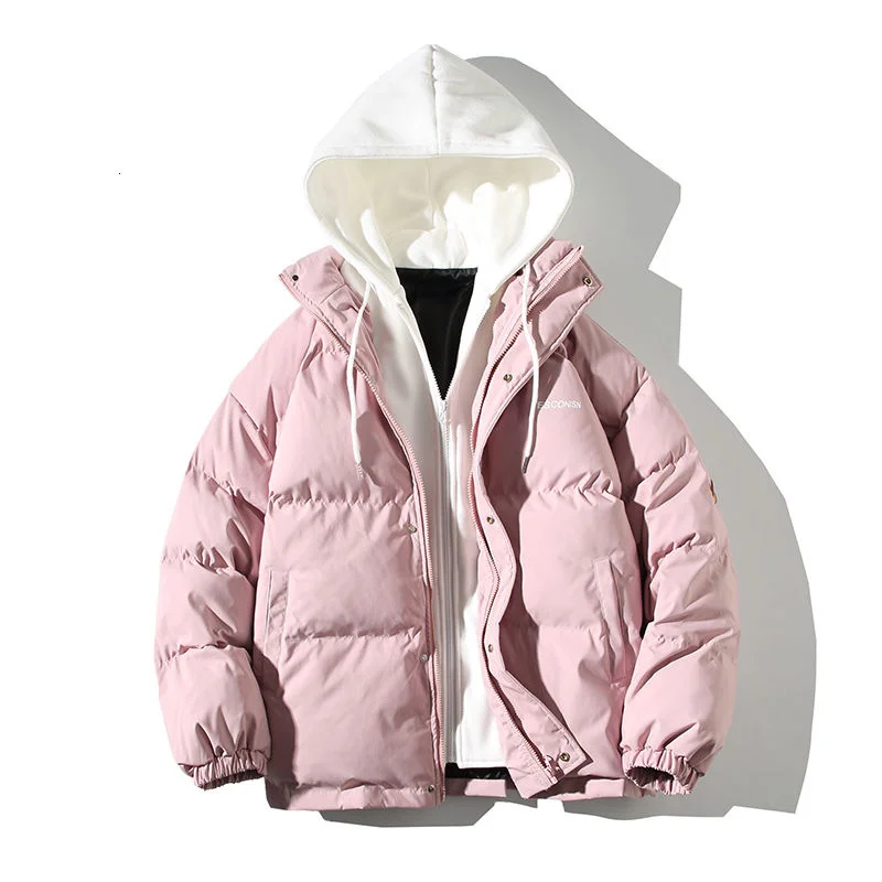 Winter Men's Fake Two-piece Jacket Warm New Fashion Thickened Hooded Casual Loose Cotton Padded Clothing  Black White Pink Coat
