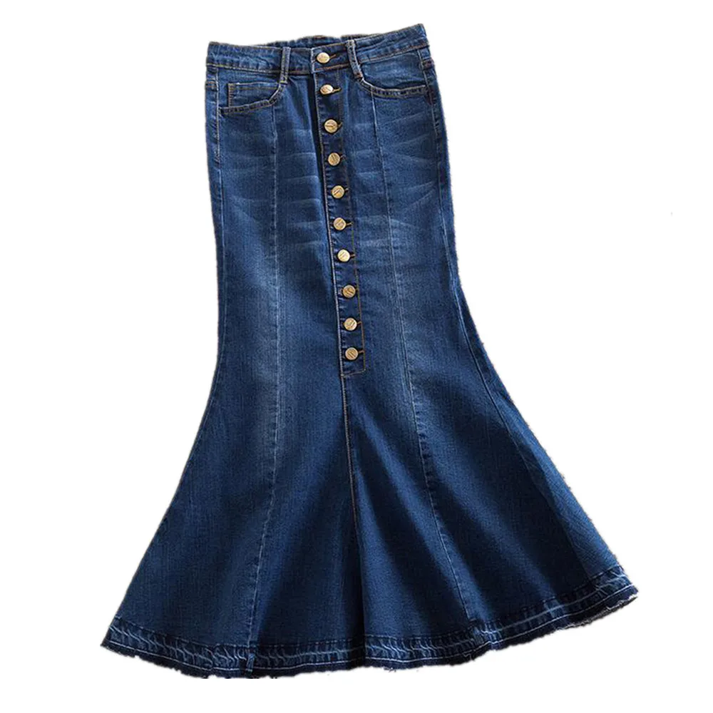 

Muslim High Waist Buttons Jean Skirt Women's Bodycon Denim Maxi Skirts Vintage Floor-Length Mermaid Trumpet Fishtail Long Skirt