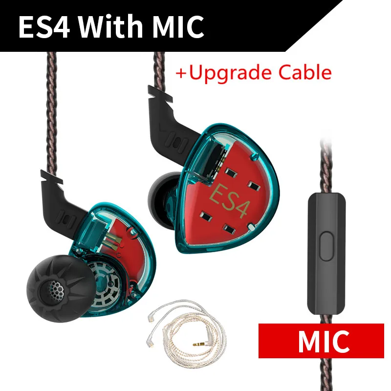 cyan with mic silver KZ ES4 1BA+ 1DD гибридные наушники-вкладыши Hifi Динамический драйвер шумоподавление Гарнитура замена кабеля AS10 ZSX ZST ES3 ZSN - Цвет: cyan with mic silver