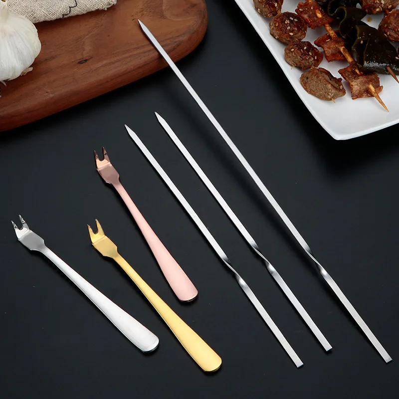 

10Pcs Stainless Steel Bbq Skewers Barbecue Meat Picking Fork Reusable Flat Barbecue Needle Camping Picnic Tools Kitchen Tool
