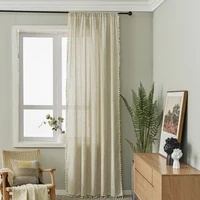 1 5m width bedroom semi shading curtain cotton linen solid color retro simple tassel curtain