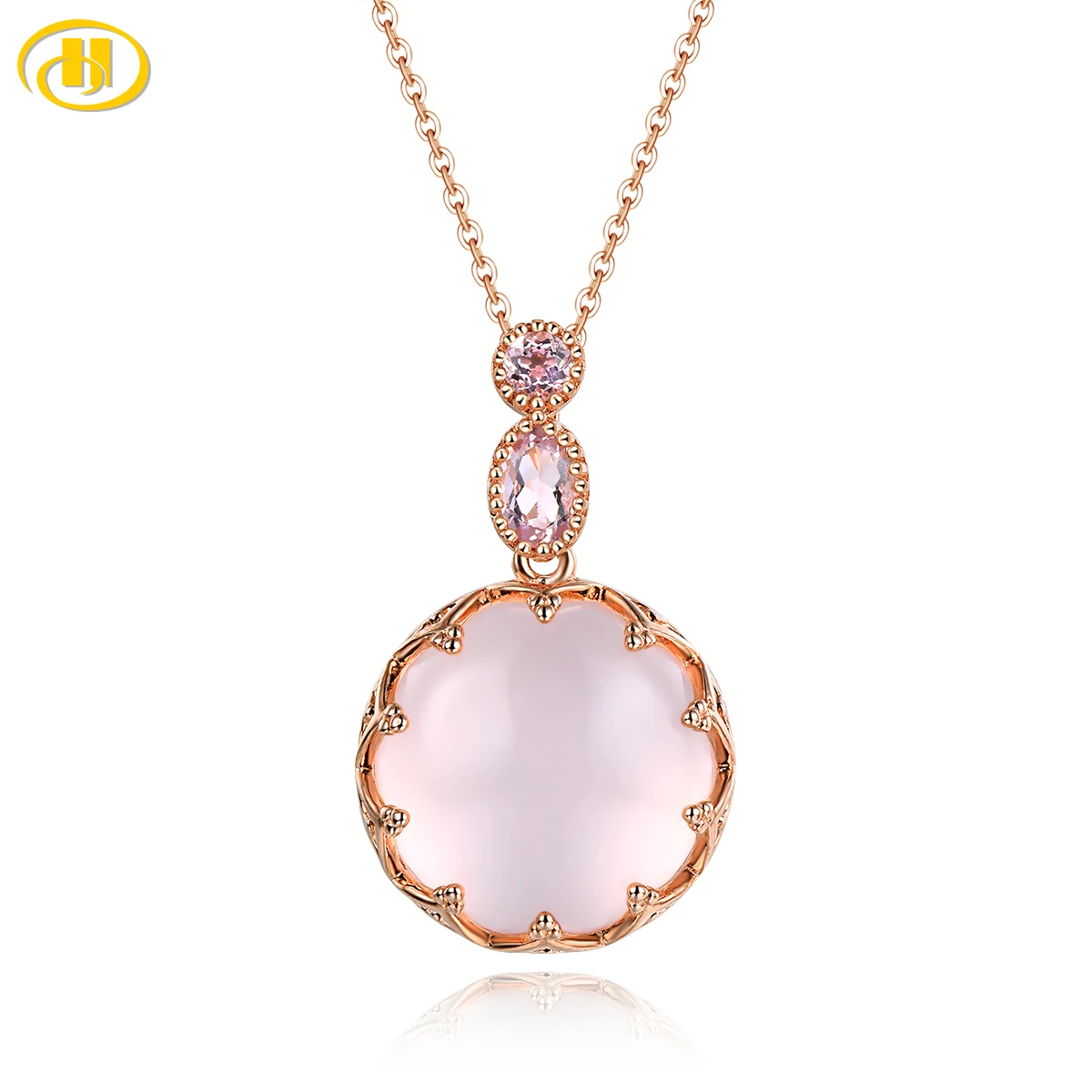 Natural Rose Quartz Silver Pendant Rose Gold Plated 17.5 Carats Cabochon Pink Crystal Romantic Elegant Style S925 Jewelry